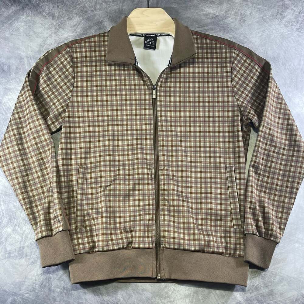 Jian Wang Plaid Track Jacket Size M Brown Full Zip